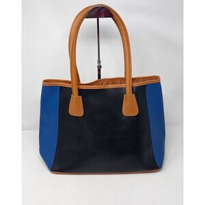 Neiman Marcus Blue Black Tan Faux Leather Colorblock Stripe Tote Bag Purse